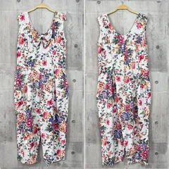 花柄サロペット ノースリーブ ホワイト ピンク パープル フラワー柄 vintage overall
