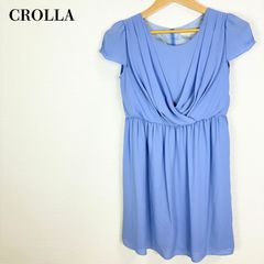 【美品・日本製】クローラ CROLLA シフォン ワンピース ドレス 36 M相当 ライトブルー 水色 カシュクール風 半袖 Aライン フォーマル お呼ばれ ワールド 【000191】