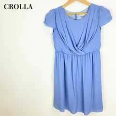 【美品・日本製】クローラ CROLLA シフォン ワンピース ドレス 36 M相当 ライトブルー 水色 カシュクール風 半袖 Aライン フォーマル お呼ばれ ワールド 【000191】