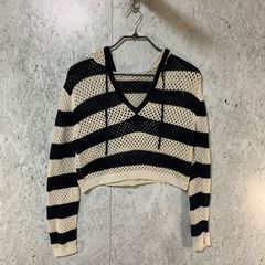 ZARA ザラ フード付き ストライプ クロップド丈 サマーニット ホワイト×ブラック Lサイズ □〇