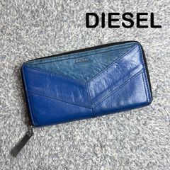 DIESEL ディーゼル 長財布 ラウンドジップ レザー ブルー V字 切替