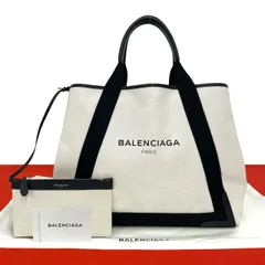 極 美品 袋付き BALENCIAGA バレンシアガ ネイビーカバス キャンバス レザー 本革 トートバッグ セミ ショルダーバッグ アイボリー 42330