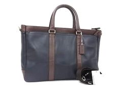 COACH 코치 비즈니스 가방 렉싱턴 가죽 메트로폴리탄 토트 F70916 다크 네이비계×브라운계 스무스 레더 맨즈 2 WAY 숄더백 브리프케이스 실버 쇠장식 미품