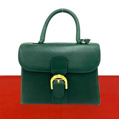 極 美品 ミラー付 DELVAUX デルヴォー ブリヨン レザー 本革 ゴールド金具 Dバックル ハンドバッグ グリーン 緑 レディース 55242