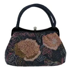 【美品】 和装バッグ 優品 ビーズバッグ フォーマル 草花 ビーズ 紺色 ビーズ 和装小物  【中古】