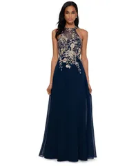 ベッツィアンドアダム レディース トップス ワンピース シフォン Betsy Adam Womens Embellished Chiffon Illusion Gown NavyGold Floral