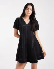 エイソス レディース トップス ワンピース Vネック ミニワンピース ミニ デニム ASOS DESIGN denim Vneck mini dress with seam detail Black