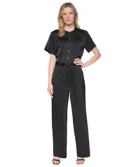 ダナ キャラン ニューヨーク レディース トップス ジャンプスーツ 半袖 DKNY Womens Colla red ShortSleeve ButtonFront Jumpsuit Black ブラ