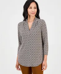 ジェイエムコレクション レディース トップス シャツ Vネック プチ プリント JM Collection Petite Bazaar Foulard 34Sleeve VNeck Geometric