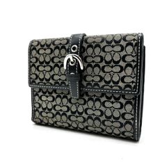 【良品】COACH コーチ 二つ折り財布 signature wallet black silver buckle compact wallet coin シグネチャー ブラック シルバー金具 バックル コンパクト財布 小銭入れ