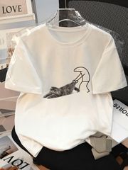 新品 送料無料 ネコと棒人間イラスト T シャツ 線画 シュール ゆるかわ グラフィック ユーモラス 動物柄 ラフタッチ