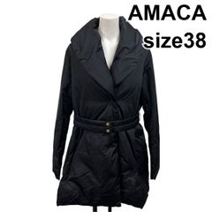 ■ アマカ AMACA ダウンコート 長袖 ショールカラー ウエストベルト Iライン 黒  フェザー 38 M 9号 レディース S6K270