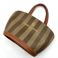 HD388【お買い得】GIANNI VALENTINO ハンドバッグ ブラウンストライプ柄 レザー調ハンドル