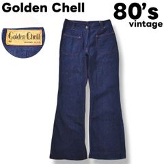 80s ヴィンテージ ゴールデンシェル Golden Chell フレア デニム パンツ ジーンズ ジーパン Gパン ジップアップ フロントポケット レッドステッチ W60 インディゴ アメリカン カジュアル ガーリー レトロ ストリート レディース ♪