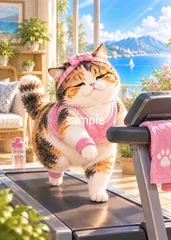 三毛猫「もう疲れた…」ランニングマシン ダイエット猫 癒しアート No.1587