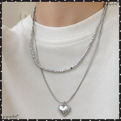 ハートモチーフ2連重ね付けネックレス人気 レディース韓国風シルバー ネックレス ハートペンダント ビーズチェーン首飾り スネークチェーン 大人可愛い華奢アクセ人気 おしゃれジュエリー 誕生日 プレゼント 大人女子会パーティ
