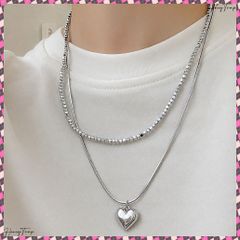 ハートモチーフ2連重ね付けネックレス人気 レディース韓国風シルバー ネックレス ハートペンダント ビーズチェーン首飾り スネークチェーン 大人可愛い華奢アクセ人気 おしゃれジュエリー 誕生日 プレゼント 大人女子会パーティ