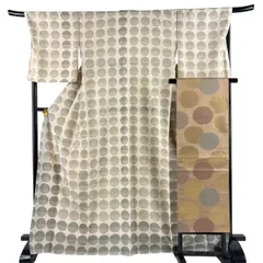 【美品】 付下げ 身丈168cm 裄丈70cm L 袷 川村久太郎 名古屋帯セット 落款 青海波 ドット クリーム 正絹 秀品 【中古】