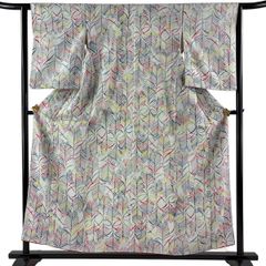 小紋 身丈155cm 裄丈62.5cm S 袷 バチ衿 葉 薄緑 正絹 優品 【中古】
