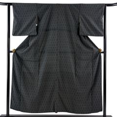 紬 身丈154.5cm 裄丈62cm S 袷 幾何学模様 青緑 正絹 優品 【中古】