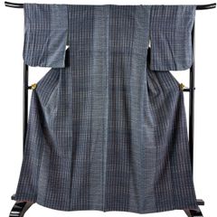 小紋 身丈164cm 裄丈67.5cm L 袷 縦縞 麻の葉 紺色 正絹 優品 【中古】