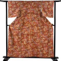 【美品】 小紋 身丈158cm 裄丈61cm S 袷 御所車 紅葉 赤茶 正絹 優品 【中古】