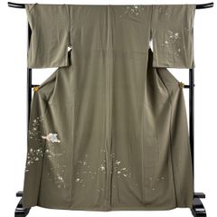 訪問着 身丈169cm 裄丈69cm L 袷 落款 童 桜 金彩 茶緑色 正絹 優品 【中古】