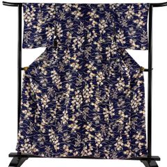 小紋 身丈158cm 裄丈63cm S 袷 菊 梅 金彩 濃紫 正絹 優品 【中古】