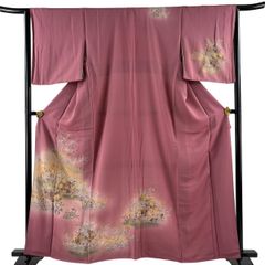 付下げ 身丈161.5cm 裄丈65cm M 袷 秋草 霞 金彩 ぼかし 赤紫 正絹 優品 【中古】