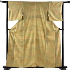 小紋 身丈159.5cm 裄丈64cm M 袷 地紋 霞 ぼかし 抹茶色 正絹 優品 一つ紋 【中古】