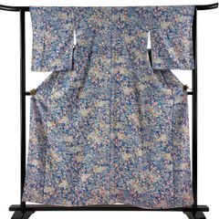 【美品】 小紋 身丈157cm 裄丈62.5cm S 袷 松竹梅 家屋 青 正絹 優品 【中古】