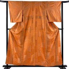 【美品】 小紋 身丈157cm 裄丈62.5cm S 袷 有職文様 オレンジ 正絹 優品 【中古】