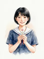 2Lサイズ c1197 黒髪ボブの人物と一輪の花 淡い白背景の透明感ある水彩ポートレート調アートプリント インテリア装飾