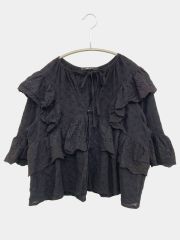 One Way ワンウェイ シャツ/ブラウス M ブラック コットン 無地 レース フリル リボン ショート丈 半端袖 ノーカラー レディース