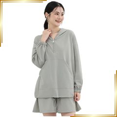 [신품] [AILITI] 러쉬 가드 여성 수영복 긴 소매 UV 컷 파커 반바지 2 점 세트 수륙 양용 하프 Zip 포켓 수영 속건 경량 자외선 대책 (그레이)