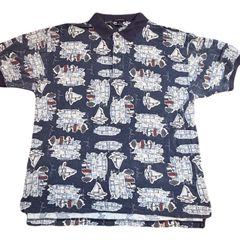GANT 半袖 ポロシャツ　XLサイズ　ネイビー　総柄　船　ボート　古着　フィリピン製　オーバーサイズ