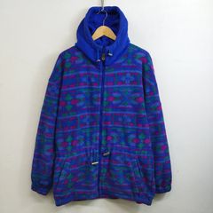 90s PHENIX フェニックス フリースジャケット POLAR TEC 総柄 フルジップ フーデッド 幾何学柄 防寒 防風 ブルー パープル グリーン アウトドア レトロ vintage サイズL I293