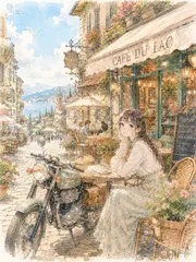 A3サイズ c1262 水彩画調 ヨーロッパ風の街並みとオープンカフェ クラシックバイクとたたずむ女性 水彩イラスト 壁掛けインテリア ポスタ