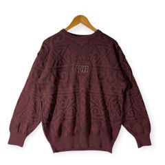 FICCE YOSHIYUKI KONISHI フィッチェ ヨシユキコニシ ロゴ入り 総柄 ウールニットセーター M /ボルドー系/80s 90s ビンテージ