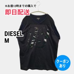 DIESEL ディーゼル Tシャツ/カットソー M ブラック 無地 前面プリント ミドル丈 半袖 クルーネック(丸首) メンズ