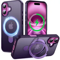 【新品】 Supdeal iPhone 16 用 ケース magsafe対応 リングキックスタンド マット カバー スタンド 耐衝撃 米軍MIL規格 滑り止め 指紋防止 黄?防止 ワイヤレス充電 アイフォン 16 携帯電話のケース 6.1インチ (パープル)