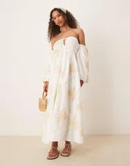 エイソス レディース トップス ワンピース フラワー柄 刺繍 フラワー ASOS DESIGN off the shoulder floral embroidered midaxi dress Whi
