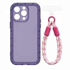 iPhone 16 Pro Max 対応 半透明 TPU スマホケース 手首ストラップ セット 透明ホルダー 丸型金具付き ダークパープル×ピンク