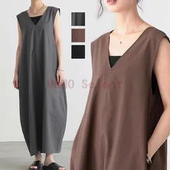 ワンピース ノースリーブ レディース 夏服 カーブ ベストワンピース Vネック 綿 ポケット ロングワンピース マキシ丈 無地 体型カバー 袖なし 大人ゆる シンプル hy0820