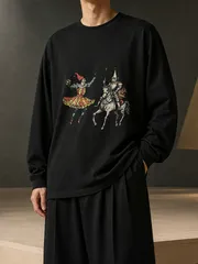 ロングスリーブ T シャツ ハーレクイン道化師・甲冑騎士イラストグラフィック ビッグシルエット ユニーク個性派秋冬普段着