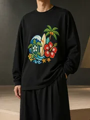 ロングスリーブ T シャツ 波とハイビスカスウミガメ南国イラストグラフィック ビッグシルエット サーフスタイル秋冬普段着