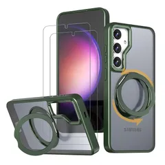 【新品】 HCXLYP Galaxy S24 FE ケース MagSafe対応 リングスタンド 360°回転 N52マグネット 濃い緑色