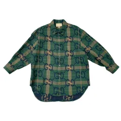 ☆グッチ 長袖シャツ ジャンボGG チェック 711543 50サイズ ウール ロゴ グリーン ブルー GUCCI