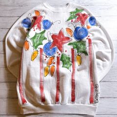 【希少デザイン】90s Vintage CHRISTMAS SWEATSHIRT クリスマススウェット ホワイト 白 星 オーナメント ツリー グラフィック 総柄 スウェット 古着 #C6473