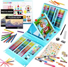 【特価セール】色鉛筆 水彩画 絵の具 マーカー アートセット、両面イーゼル クレヨン 子供用 セット、新進アーティスト向けの 学用品 お絵描きセット 画材 290点 ケースギフトガールズボーイズキッズティーンズ 子供2人遊び用 KINSPORY (ブルー)